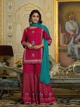 Fuchsia Ethnic Motif Printed Liva Rayon Tunic Sharara and Dupatta Set With Sequins  & Gota Patti Work-J4726FUCHSIA